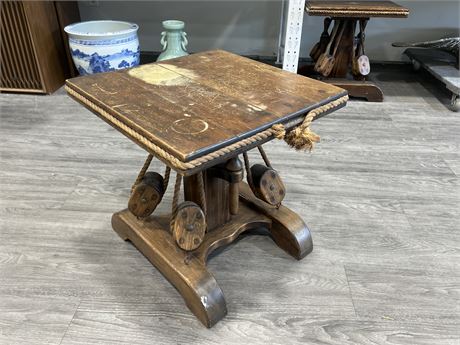 VINTAGE NAUTICAL THEMED WOODEN TABLE - 20”x20”x20”
