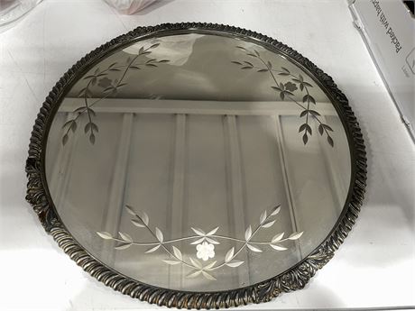 14” ETCHED MIRROR SILVER PLATE DRESSER TRAY + SILVER PLATE HAND MIRROR