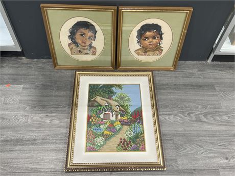 3 NEEDLE POINT FRAMED PICTURES - LARGEST IS 24”x20”