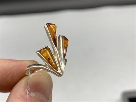 UNUSUAL STERLING & AMBER RING