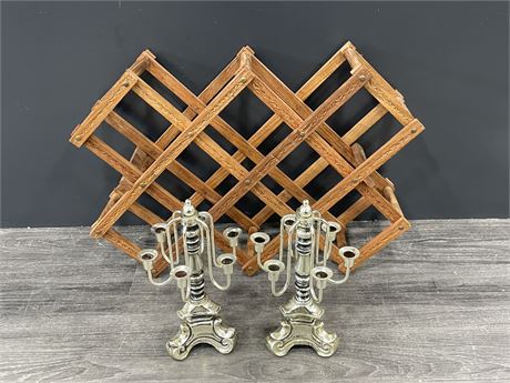 (2) SMALL 6 CANDLE HOLDERS 9” + SMALL FOLDING WINE RACK