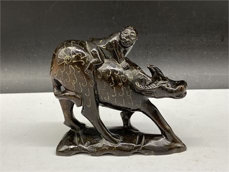 VERY OLD CHINESE WOOD CARVING SILVER INLAY (4.5” TALL)