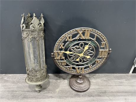 CAST IRON DECORATIVE CLOCK ON STAND & HANGING METAL LANTER / CANDLE HOLDER 20”H