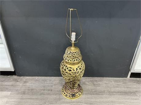 VINTAGE BRASS OPEN FRETWORK CAGE DESIGN TABLE LAMP (32” tall)