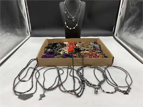 16 HEMATITE NECKLACES & LARGE TRAY OF VINTAGE COSTUME JEWELRY