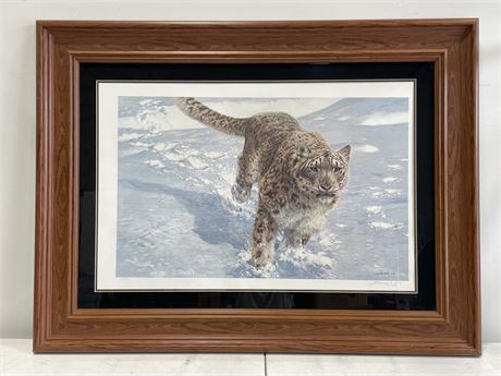 LARGE FRAMED SIGNED NUMBERED SEEREY LESTER THE CHASE SNOW LEOPARD