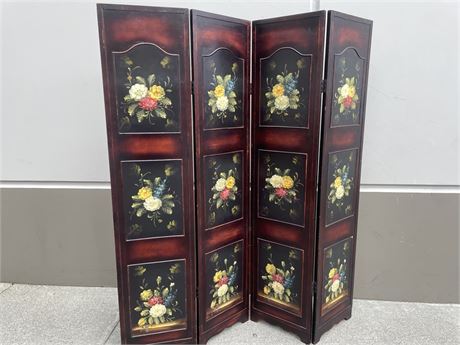 4 PANEL WOODEN TOLE PAINTED ROOM DIVIDER 64”x71”