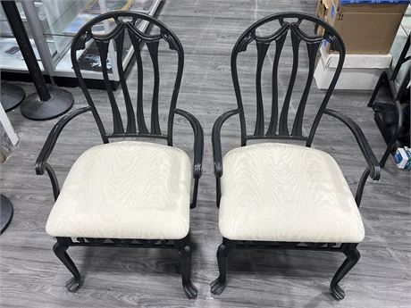 2 HEAVY IRON OUTDOOR CHAIRS W/CUSHIONS (38” tall)