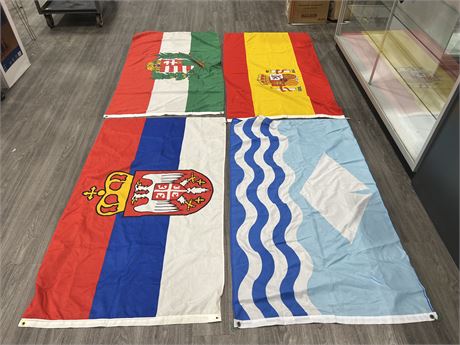 4 LARGE WORLD FLAGS - SOME VINTAGE 58”x34”