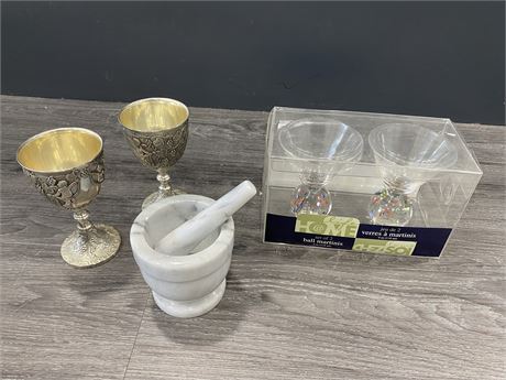 GRANITE MORTER, MARTINIS GLASSES, & JAPANESE CUPS