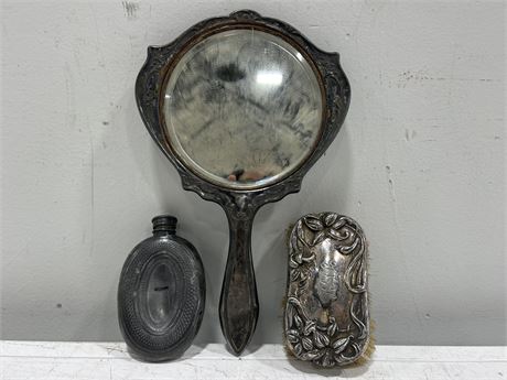 ANTIQUE MIRROR, BRUSH, & FLASK - POSSIBLY STERLING/UNMARKED