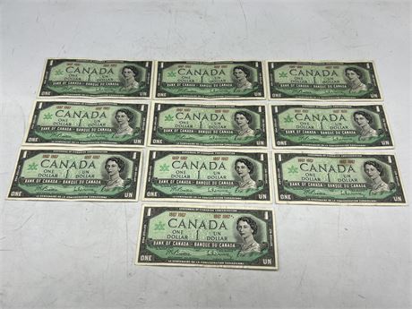 (10) 1967 CANADIAN CENTENNIAL $1 BILLS