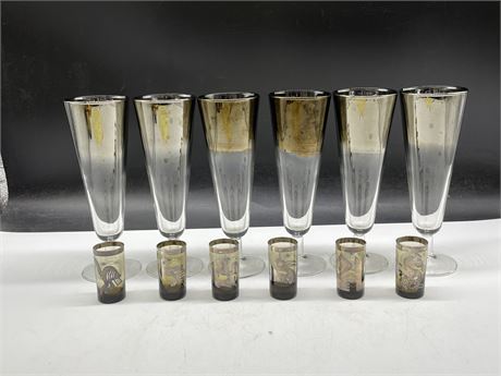 6 TALL CHAMPAGNE FLUTES WITH STERLING SILVER OVERLAY & 6 VINTAGE BIRD SHOT