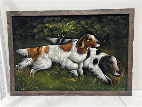 HUNTING DOGS SIGNED PAINTING ON VELVET (38.5”x27”)