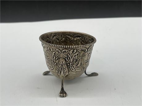 EARLY STERLING W/ HALLMARKS 3 FOOTED HAND CARVED EGG DISH - 2” TALL