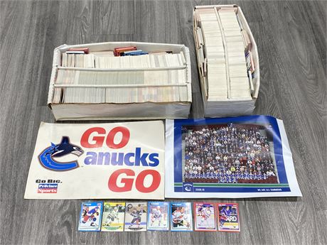 LOT OF SPORTS CARDS & 2 CANUCKS SIGNS