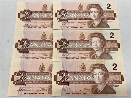 6 MINT STATE SEQUENTIAL 1986 $2 CANADIAN BILLS