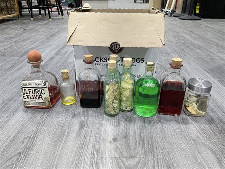 BOX OF GLASS POTIONS/BOTTLES FROM FILM SET