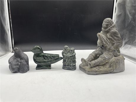 LOT OF 4 STONE/PORCELAIN CARVED STATUES (LARGEST 10”)