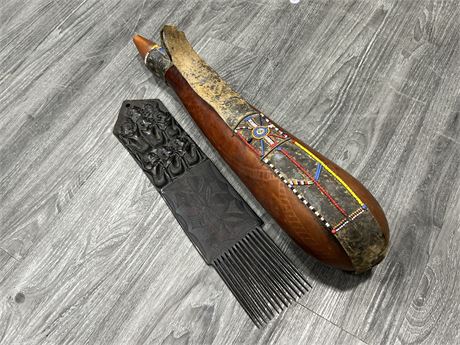 EARLY 1900s AFRICAN BEADWORK WATER CARRIER & ANTIQUE CARVED EBONY COMB