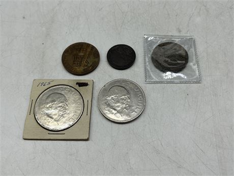 VINTAGE COINS INCLUDING WINSTON CHURCHILL COINS & DATED 1792 COIN