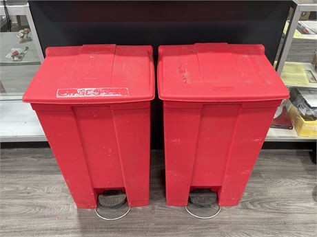 2 RED RUBBERMAID TRASH CANS - 32”x18”x16”