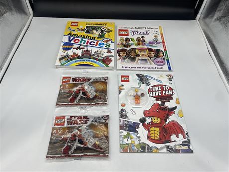 NEW LEGO LOT - (2) 54PC PACKS - (3) BOOKS, SOME WITH PIECES INCLUDED