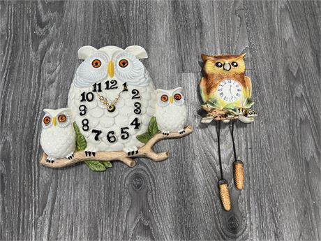 2 MCM OWL CLOCKS - LARGER ONE IS 13” WIDE