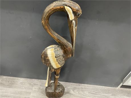 CARVED STANDING WOOD CRANE 32”