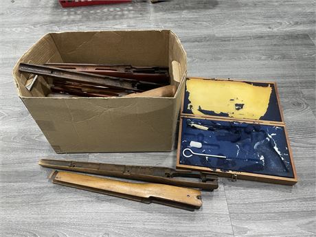 BOX OF VINTAGE GUN STOCKS + GUN BOX (SOME WW1)