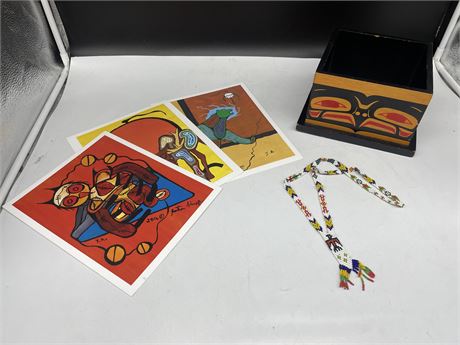 3 FIRST NATIONS PRINTS 8x10”(by Achneepineskum), FIRST NATION BOX & NECKLACE