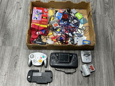 TRAY OF VIDEO GAME CONTROLLERS, CABLES, ETC