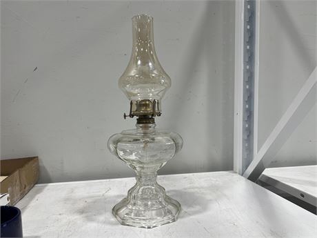 VINTAGE GLASS OIL LAMP - 18” TALL