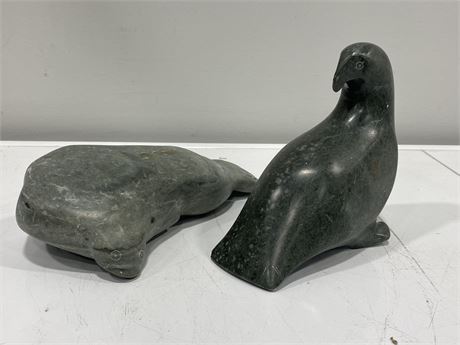 2 SIGNED SOAPSTONE ANIMAL SCULPTURES (Largest is 9.5” long)