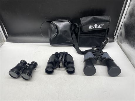 3 BINOCULARS INCLUDING BUSHNELL INSTA FOCUS WITH CASE & VIVITAR WITH CASE