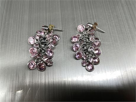 PAIR STERLING SILVER WITH PINK STONES DANGLE EARRINGS