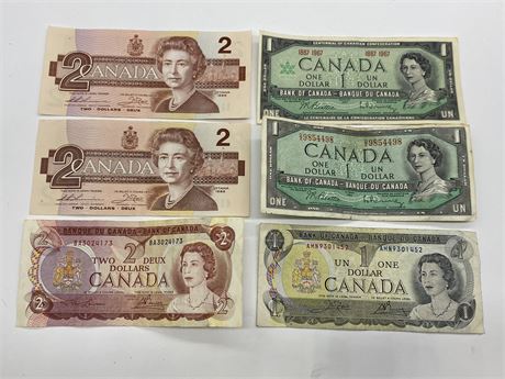 6 CANADIAN BILLS - (3) TWO DOLLAR BILLS & (3) ONE DOLLAR BILLS