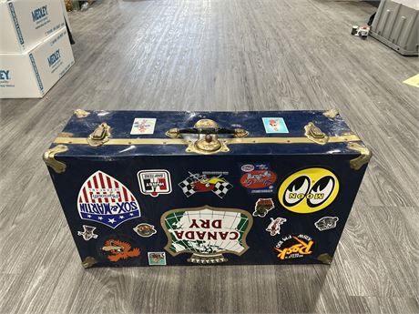 VINTAGE METAL TRUNK W/ OLD HOT ROD CAR DECALS ON IT - 28”x16”x9”