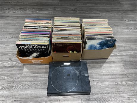 3 BOXES OF RECORDS MOSTLY SCRATCHED W/ FISHER TURNTABLE