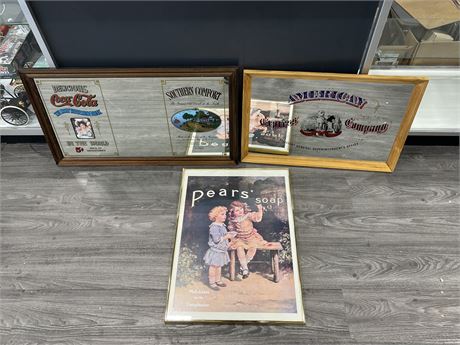 3 VINTAGE STYLE ADVERTS - 2 MIRRORED - LARGEST IS 35”x25”
