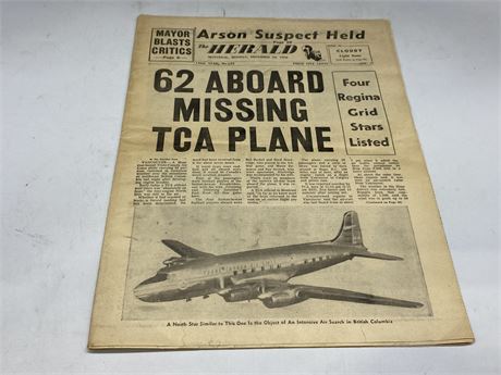 ORIGINAL OLD MONTREAL NEWSPAPER “MISSING PLANE” - DEC 10TH, 1956