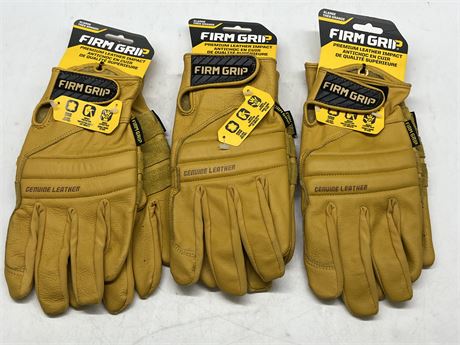 3 NEW PAIRS OF GENUINE LEATHER FIRM GRIP GLOVES