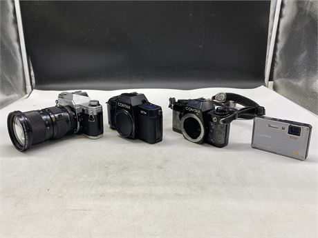 LOT OF 3 SLR FILM CAMERAS & ONE LUMIX DMC-TS1 - AS IS