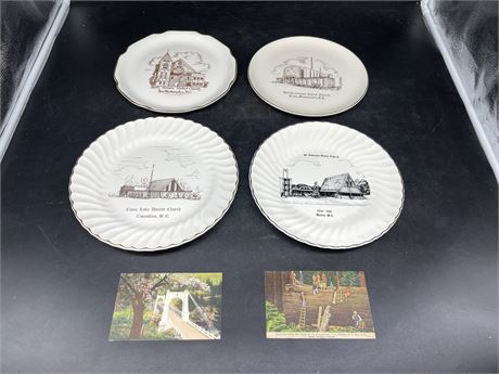VINTAGE LOCAL 4 CHURCH PLATES / 2 VINTAGE LOCAL POST CARDS