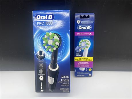 (NEW) ORAL B PRO 1000 TOOTHBRUSH W/BRUSH HEADS
