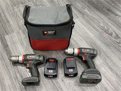 2 PORTER CABLE POWER DRILLS W/3 BATTERIES & BAG (No battery charger)