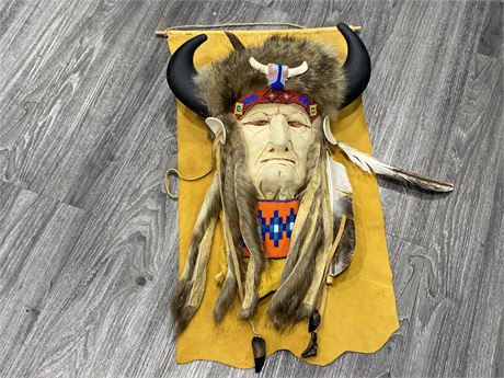 SIGNED FIRST NATIONS BEADED LEATHER MASK (2ft long)