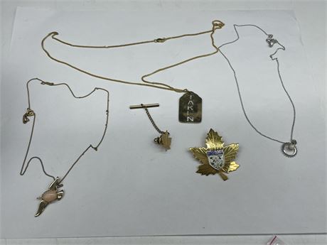 5 GOLD FILLED JEWELRY INCLUDING TAKEN PENDANT ON GOLD CHAIN, MAPLE LEAFS, ETC