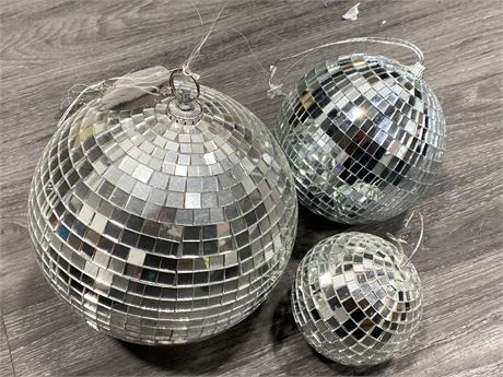 LOT OF 3 MIRROR DISCO BALLS-ASSORTED SIZES
