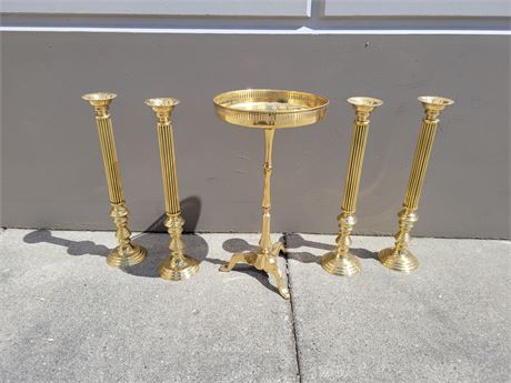 BRASS TRAY & CANDLE HOLDERS (2ft tall)